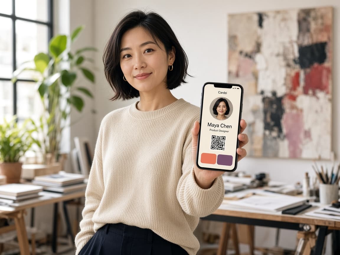 An independent designer holding her phone open to a Cardzi portfolio in a studio