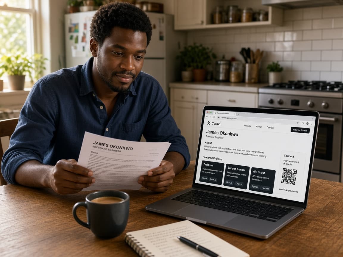 A job seeker at a kitchen table with his CV and a Cardzi site open on a laptop
