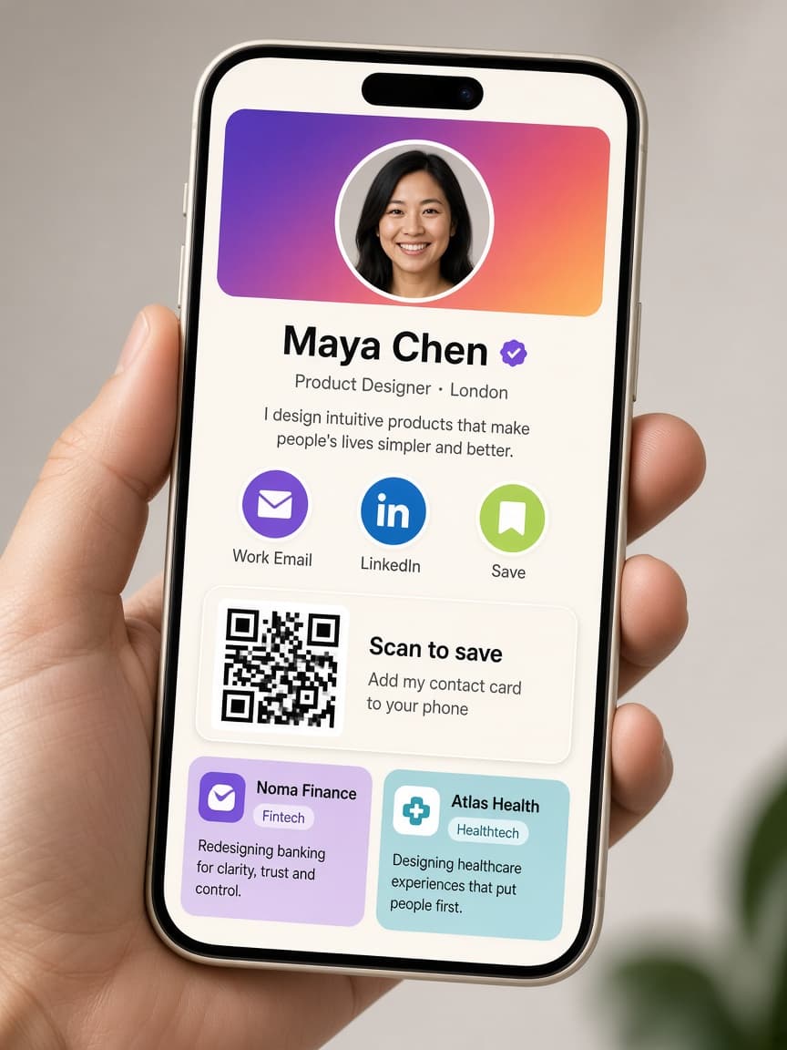 Maya Chen’s Cardzi portfolio on a phone: Product Designer in London, projects, contact actions and a QR code