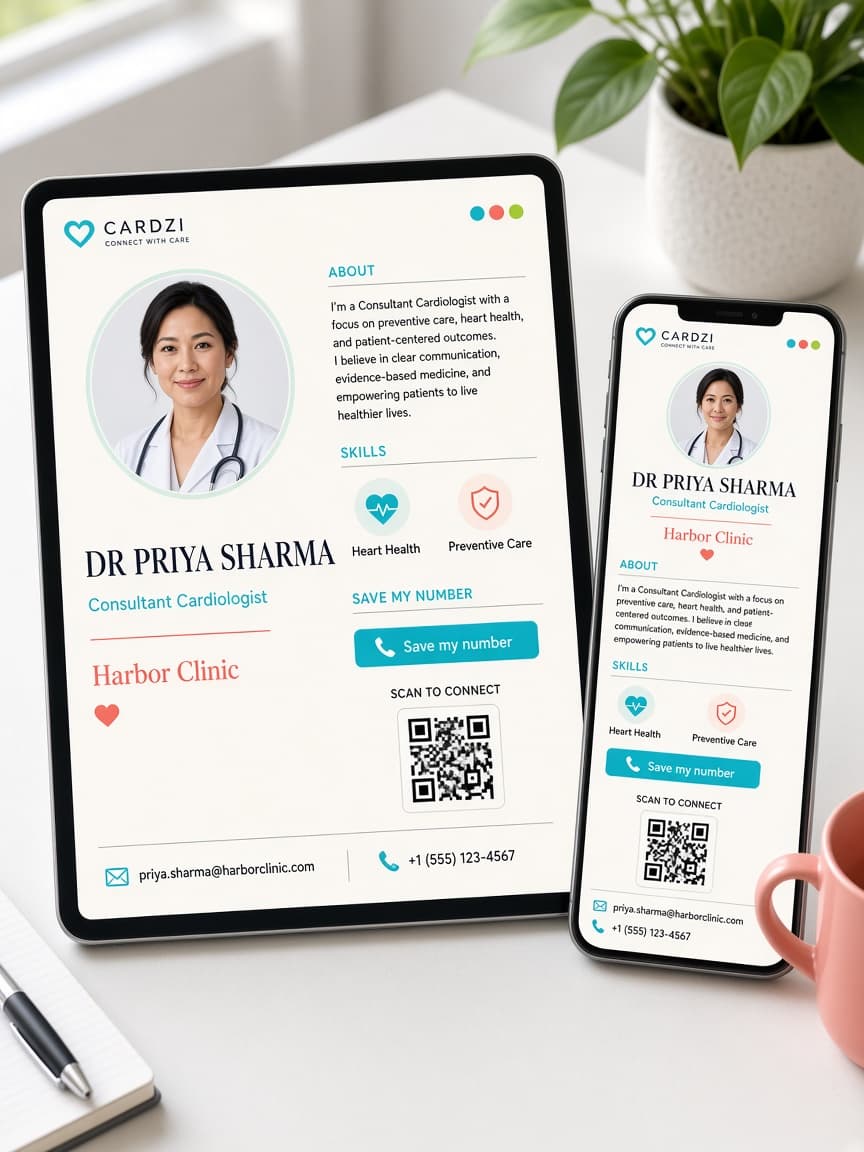 Dr Priya Sharma’s Cardzi portfolio on a tablet: Consultant Cardiologist with save-contact and QR