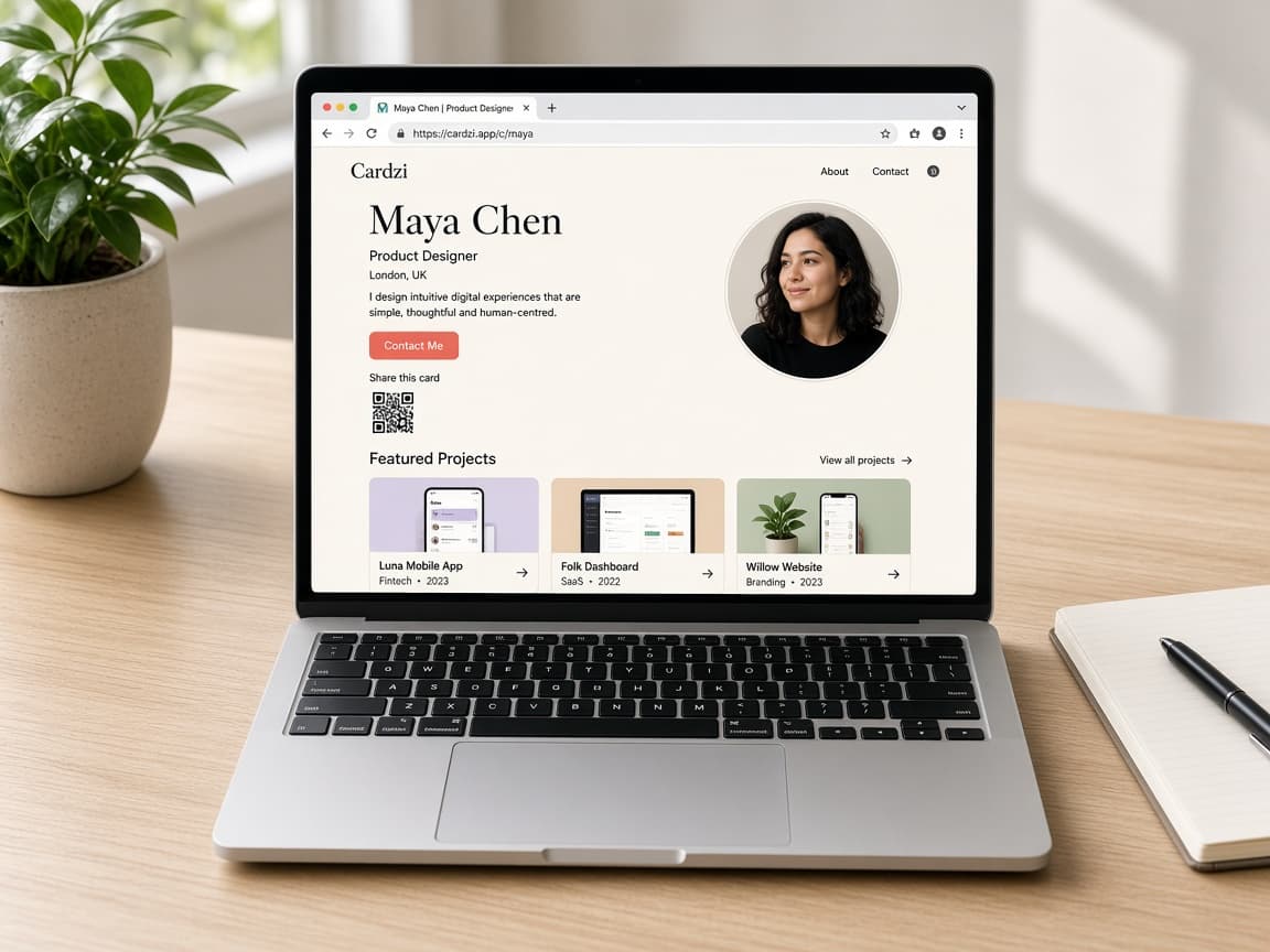 A laptop open to Maya Chen’s live site at cardzi.ai/c/maya