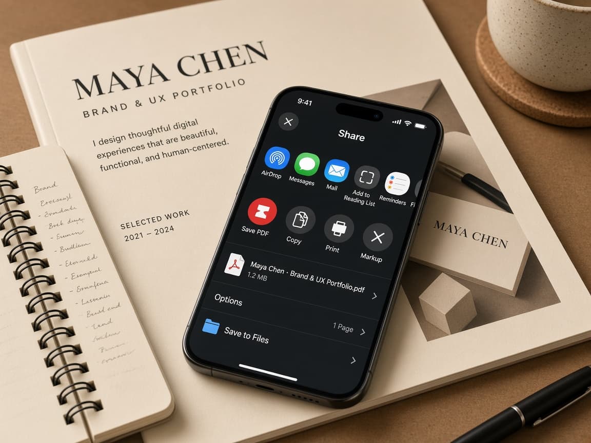 A phone share sheet saving Maya Chen’s Cardzi page as a PDF