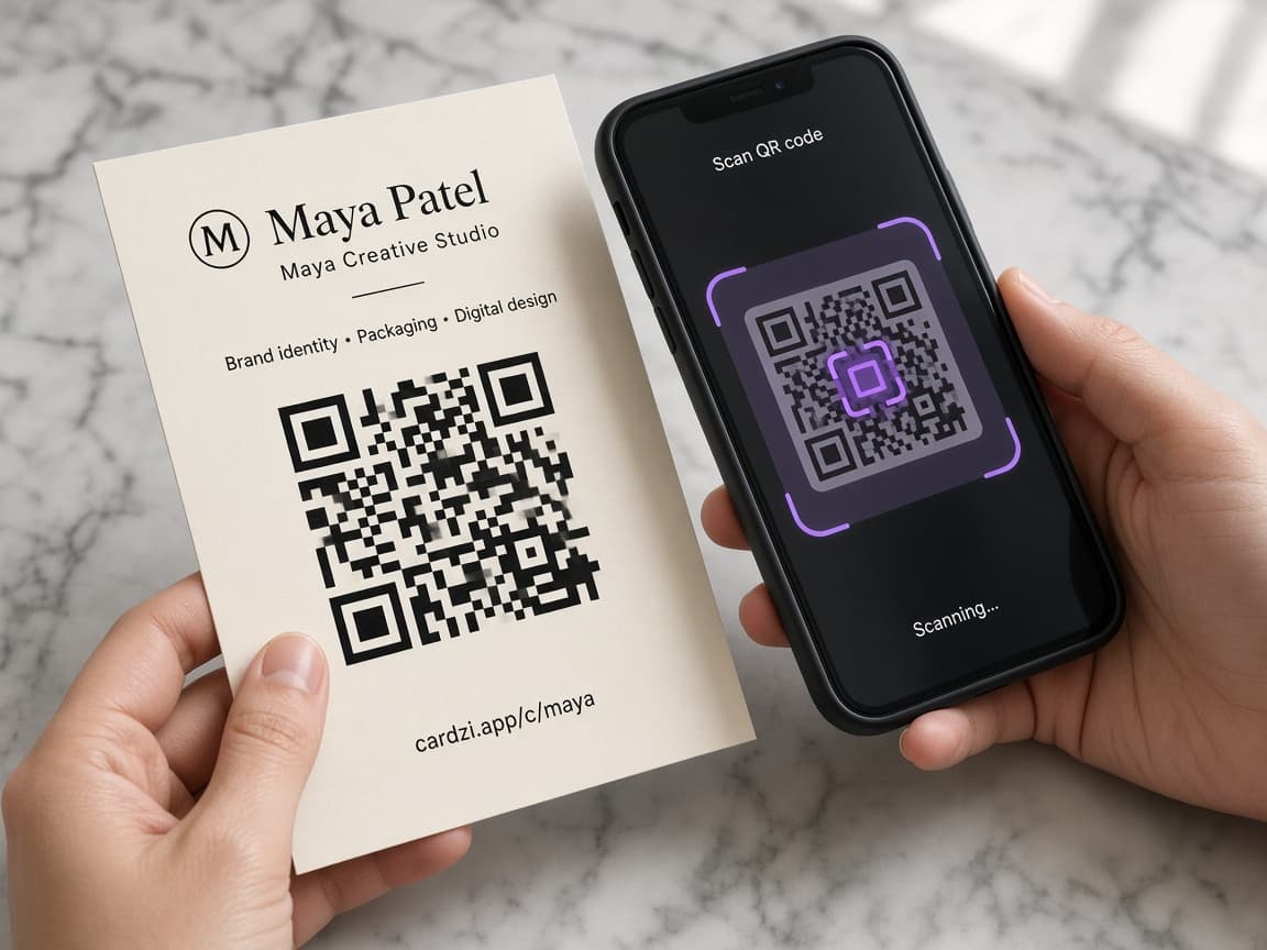 A printed Cardzi QR code being scanned by a phone