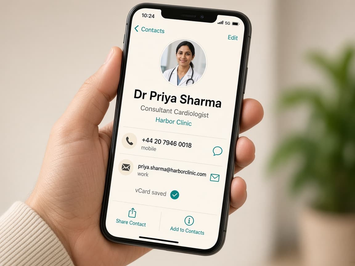 An iPhone Contacts screen after saving Dr Priya Sharma from a Cardzi vCard