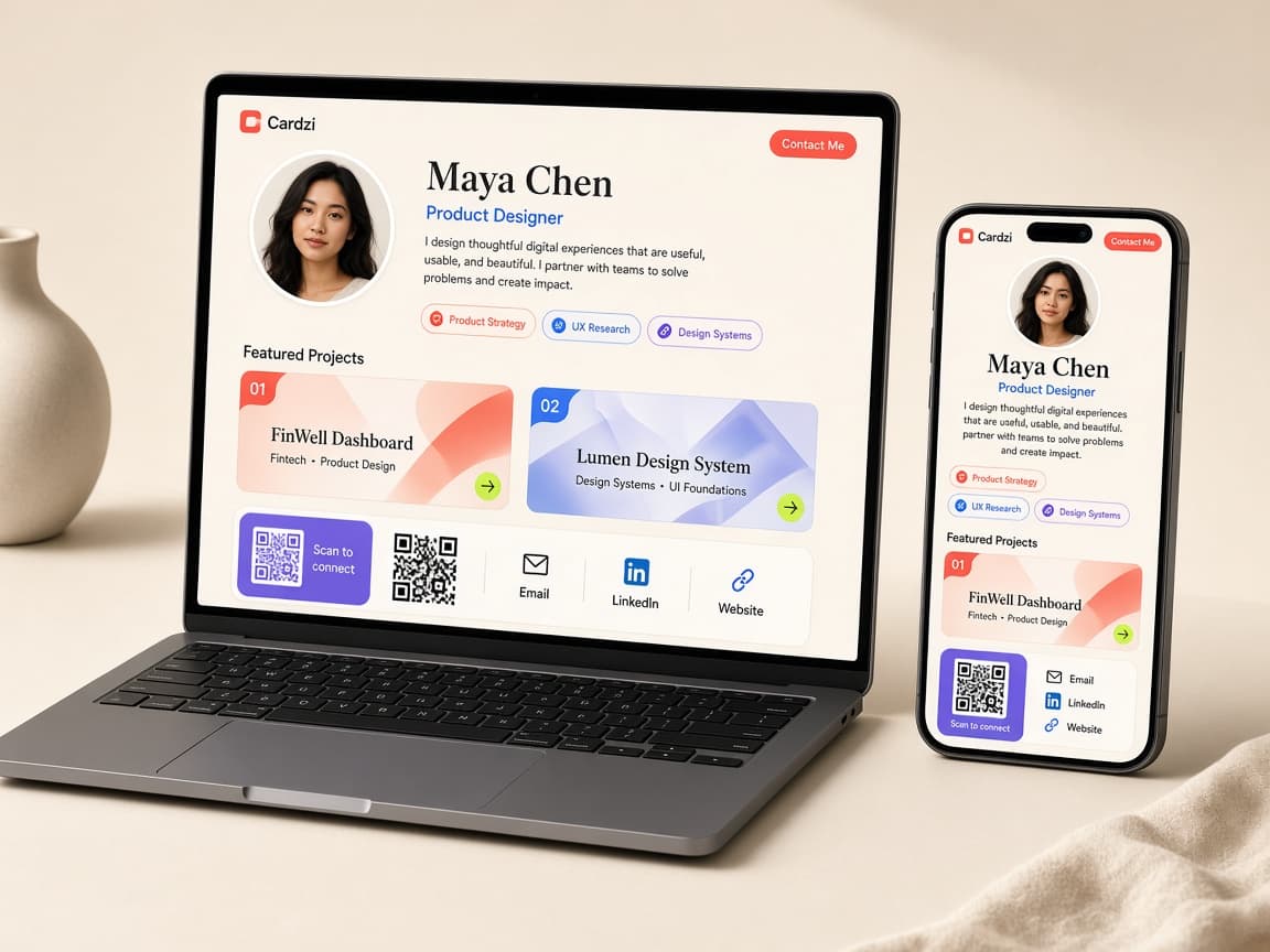 Maya Chen’s Cardzi portfolio on a laptop and phone together, with projects, contact actions and a scan-to-connect QR