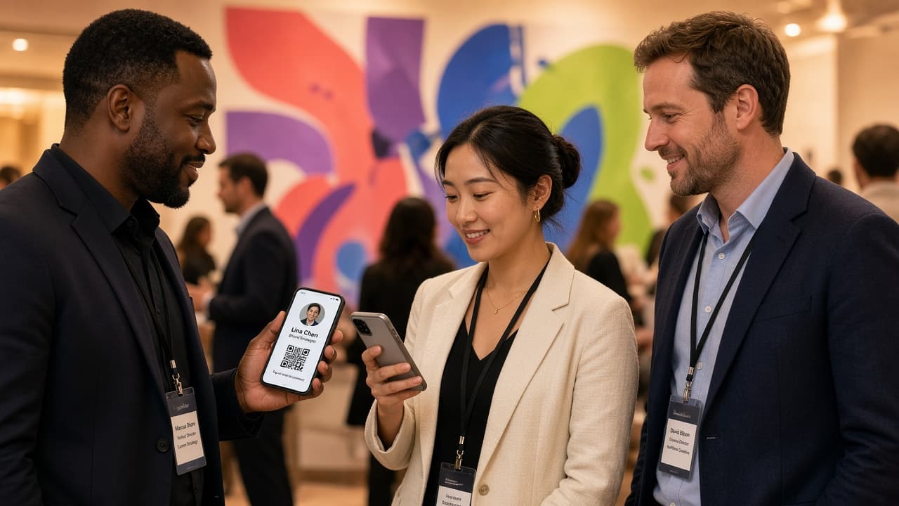 Professionals at a mixer exchanging Cardzi digital cards on their phones