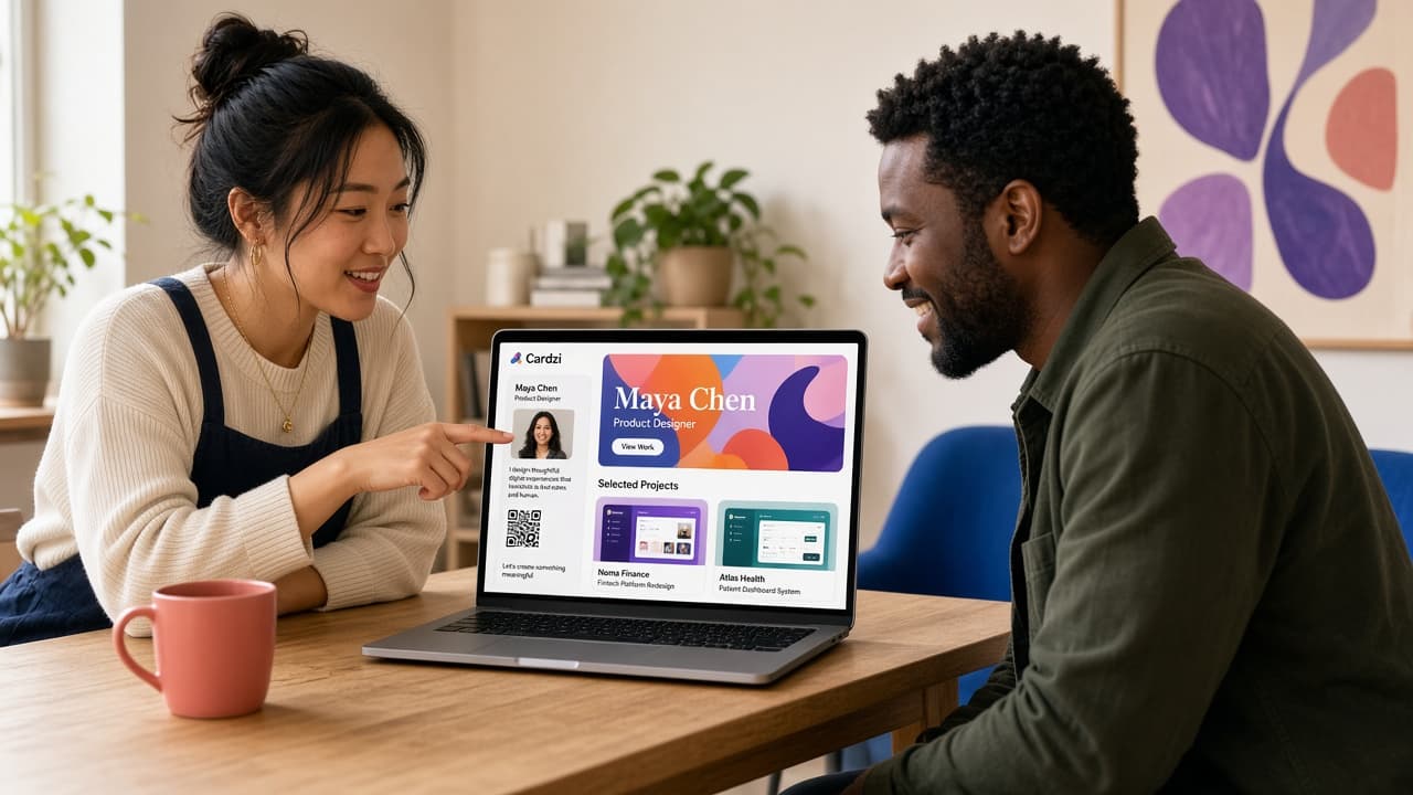 A designer showing a colleague her Cardzi portfolio on a laptop