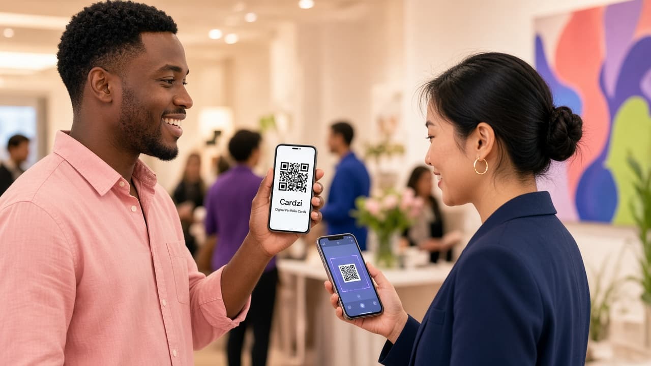 At a networking event, one person holds up a Cardzi QR code while another scans it